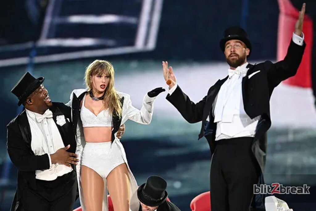 Kelce appeared in a sketch where Swift reluctantly changes costumes and is pushed to perform by her dancers. (Gareth Cattermole/TAS24/Getty Images for TAS Rights Management)